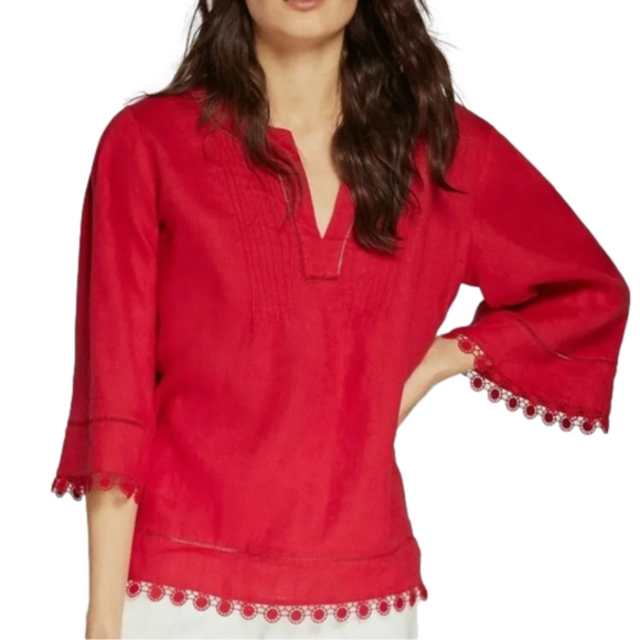 Lauren Ralph Lauren Tops - Lauren Ralph Lauren Linen Red V-Neck Peasant Top Embroidered Trim Sleeves Size M